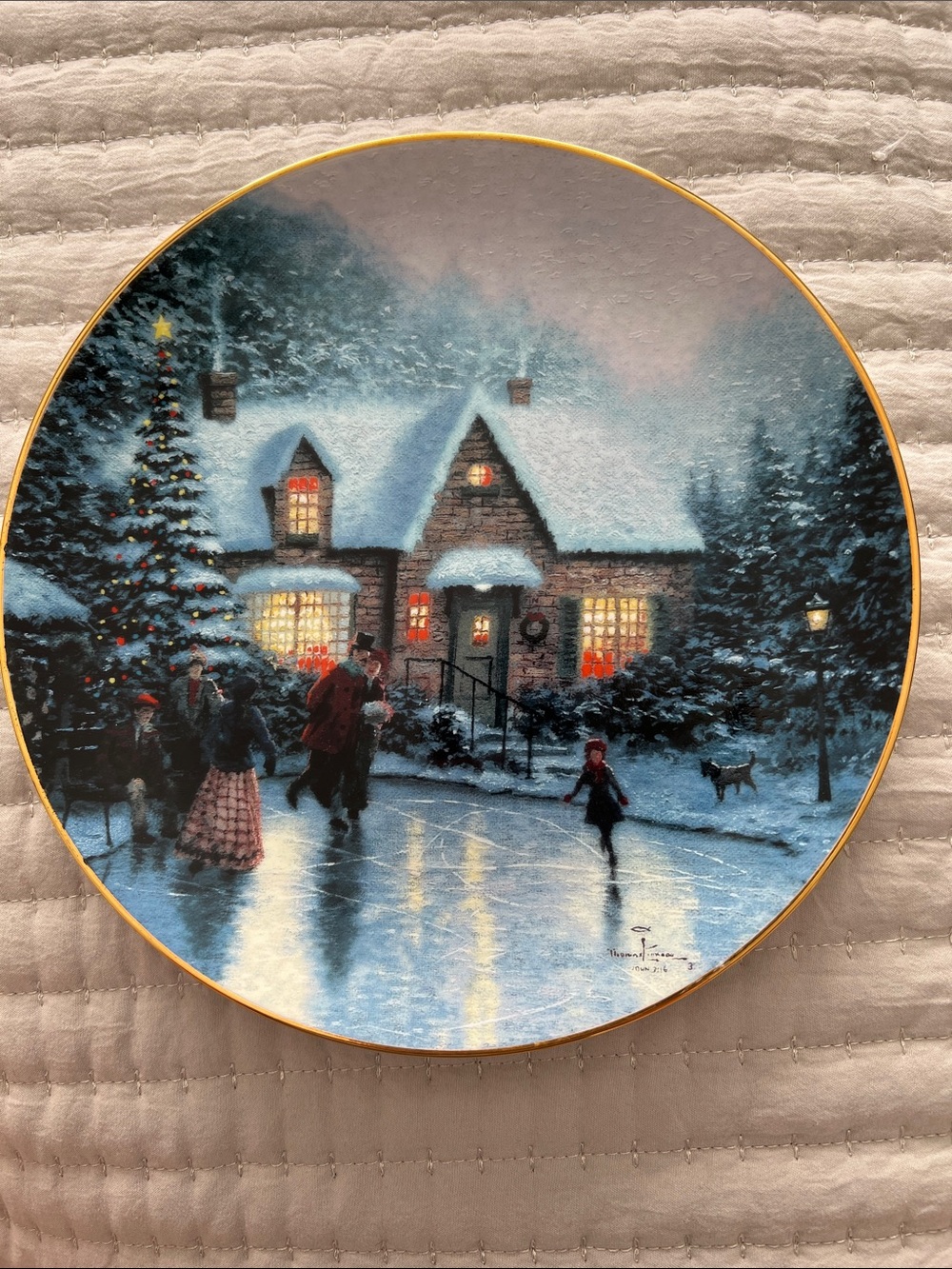 Knowles Gold-Trim Winter Cottage Holiday Plate - Blue & Gold